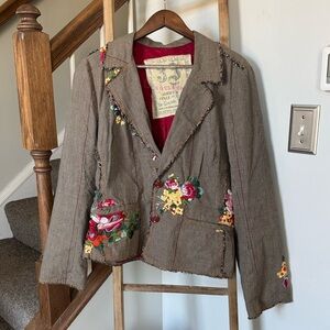 Johnny Was 3J workshop Floral Embroidered Brown Blazer. Unique and beautiful